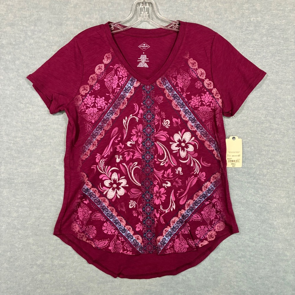 St Johns Bay Active Womens Small Rose Wine Floral V-Neck Cotton T-Shirt NWT